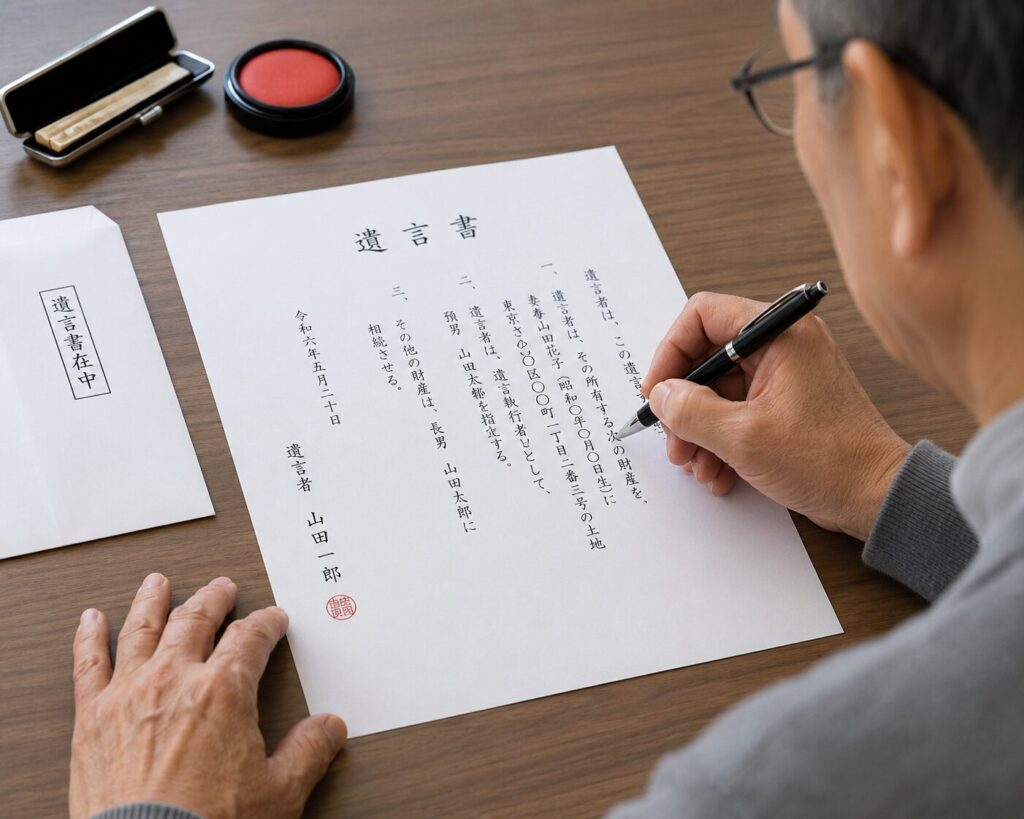 自分で遺言を書いてる男性
